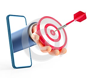 3D illustration of businessman hand through smartphone screen, holding a modern target with dart in the center, arrow in bullseye