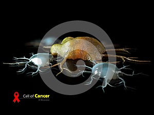 3d illustration of Cancer cell and lymphocytes, on blured background.