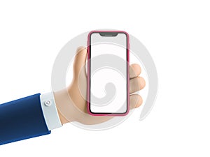 3d illustration. Cartoon businessman character hand holding a phone with white screen.