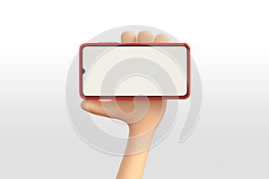 3d illustration of Cartoon hand holding smartphone on white background. Cartoon modern frameless phone device Mockup online shop