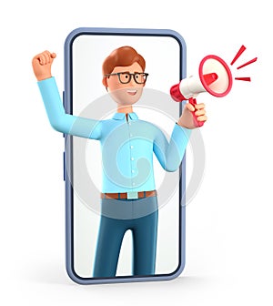 3D illustration of cartoon man holding a megaphone at smartphone screen. Blogger character announcing over the loudspeaker photo