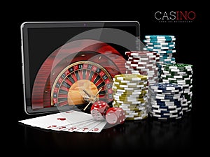3d Illustration of Casino background with tablet, dice, cards, roulette and chips.
