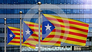 3D illustration Catalonia independent flag in modern city. Catalan estelada