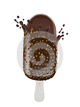 3D illustration of chocolate ice cream bar with nuts and splash, work path or clipping path included
