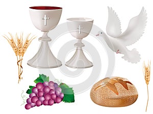 3d illustration realistic isolated christian symbols: white chalice with wine, dove, grapes, bread, ear of wheat