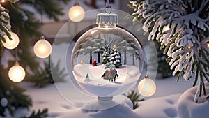 3d illustration of christmas glass ball with trees and lights on background photo