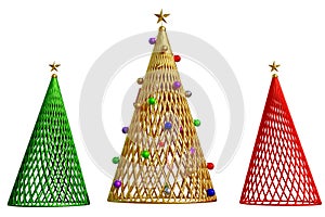 3d illustration of christmas and new year Abstract gold, green, and red cone Christmas tree. snowflake ball stars bright winter photo