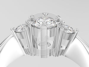 3D illustration close up white gold or silver three stone diamond ring