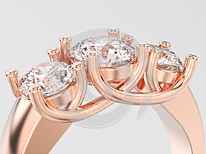 3D illustration closeup rose gold three stone diamonds ring