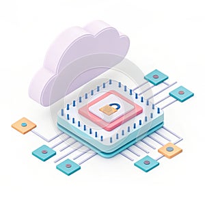 3D illustration of a cloud computing chip with data security elements