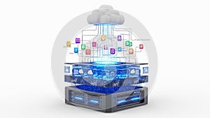 3D cloud computing server architecture with data flow and application icons technology