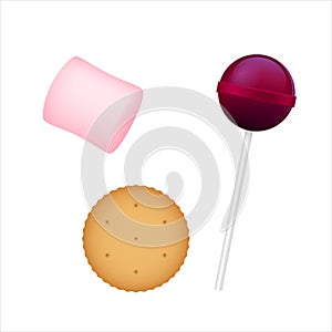 3D illustration. Colorful Chupa Chups, marshmallow, cracker. Vector sweet. photo