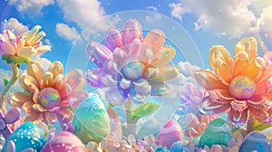 3D illustration of colorful flowers made from candy and pastel eggs, background is blue sky with white clouds photo