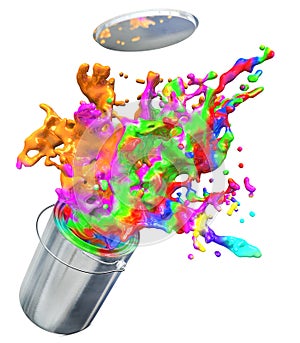 3d illustration of colorful paint busting from a paint buckets photo