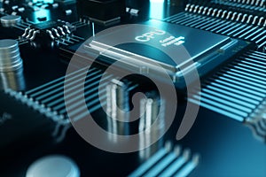 3D illustration computer chip, a processor on a printed circuit board. The concept of data transfer to the cloud