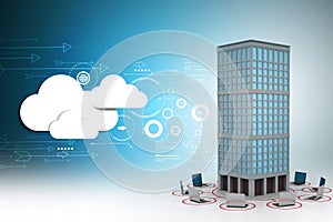 Computer network around the building in colour back ground