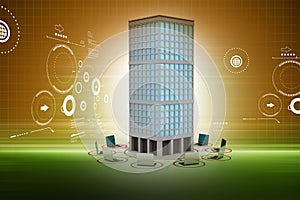 Computer network around the building in colour back ground