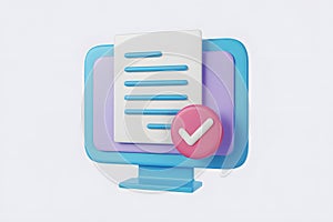 3D Illustration of a Computer Screen with a Document and a Checkmark