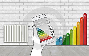 3D Illustration Concept Smart Home Control. Temperature setting Heating via smart phone with Energy efficiency class Symbol