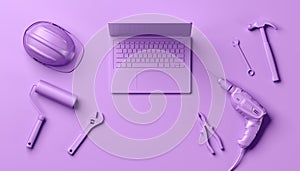 3D illustration of construction tools and laptop