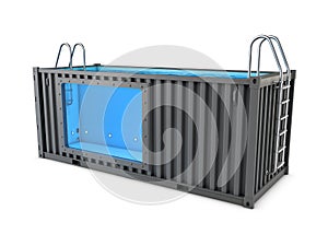 3d Illustration of Converted old shipping container into swimming pool, isolated white