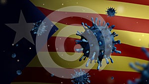 3D illustration Catalonia independent flag Coronavirus. Covid19 Catalan estelada