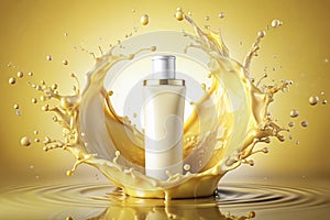 Cream bottle mock up in water splash of yellow color photo