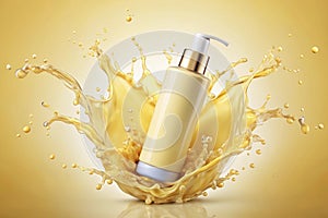 Cream bottle mock up in water splash of yellow color photo