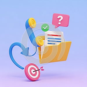 3D Illustration of Customer Service Workflow with Phone Folder Target and Question Mark