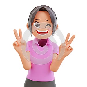 3d illustration cute girls shows peace vsign gesture laughing and smiling posing happy