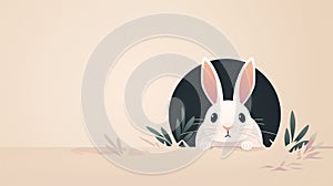 2D illustration of a cute rabbit in a burrow with basic shapes on a neutral colored background