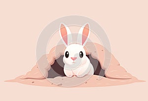 2D illustration of a cute rabbit in a burrow with basic shapes on a neutral colored background