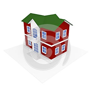 3d illustration, 3d render, Two-story house, red walls, white relief decor, green roof. On a white background,