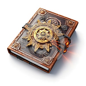 3d illustration of a dark leather grimoire. Vintage old magic book cover Spellbook concept. 3d rendering isolated on