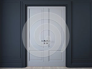 3D illustration. Dark wall with panelling and double doors photo