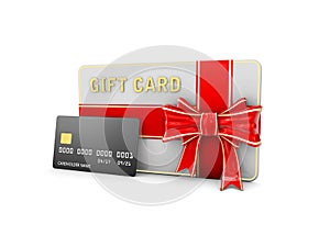 3d illustration of decorated gift card with red ribbons, bow and credit card