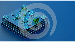 A 3D illustration features a stylized network of interconnected, microchip-like structures on a dark surface