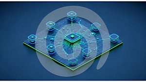 A 3D illustration features a stylized network of interconnected, microchip-like structures on a dark surface
