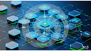 A 3D illustration features a stylized network of interconnected, microchip-like structures on a dark surface