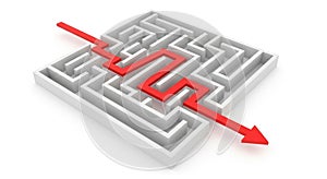 White maze with a red arrow showing the path through the labyrinth on a white background