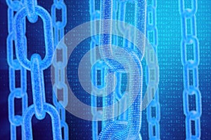 3D illustration digital blockchain code. Chain links network. Binary code on the background. Concept of Network