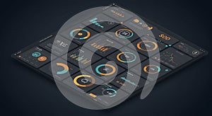 A 3D illustration of a digital dashboard interface displaying multiple data visualization