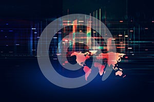 3D illustration of a Digital data center with binary code and world map background