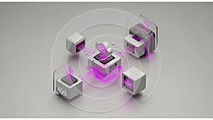 3D illustration of a digital security concept featuring interconnected gray and pink cubes, represents cloud computing,.