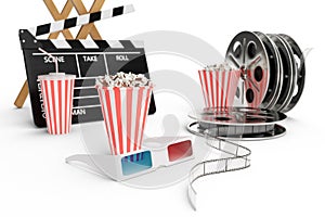 3D illustration, director chair, movie clapper, popcorn, 3d glasses, film strip, film reel and cup with carbonated drink