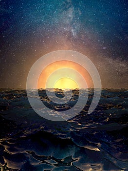 Dramatic sunset over the wavy surface of the ocean