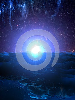 Dramatic sunset over the wavy surface of the ocean