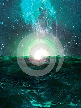 Dramatic sunset over the wavy surface of the ocean