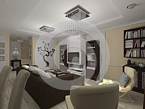 3D illustration of a drawing room and kitchen in style eclecticism in beige and brown tones photo