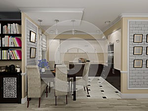 3D illustration of a drawing room and kitchen in style eclecticism in beige and brown tones photo